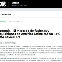 Economa.- El mercado de fusiones y adquisiciones en Amrica Latina cae un 14% hasta noviembre